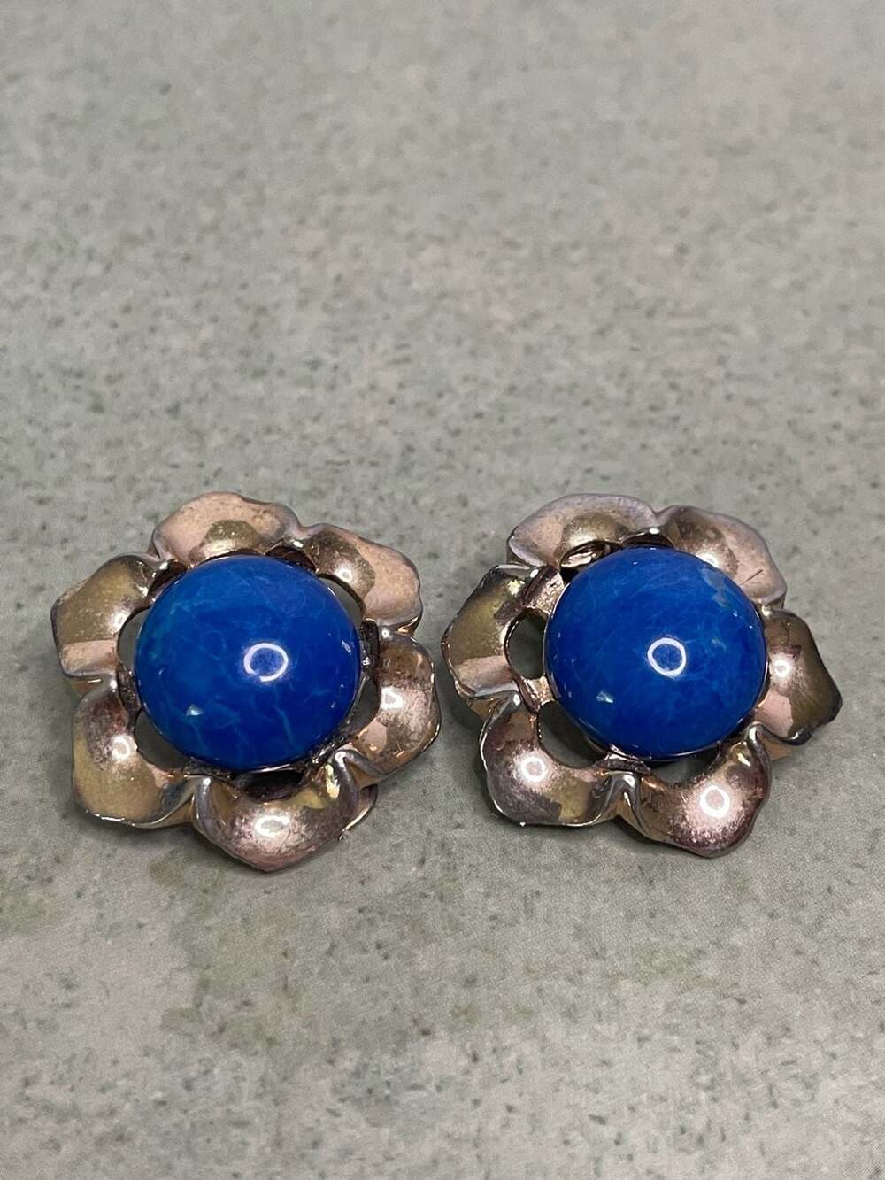 Vintage Flower Clip-On Earrings Blue Cabochon Gold Tone